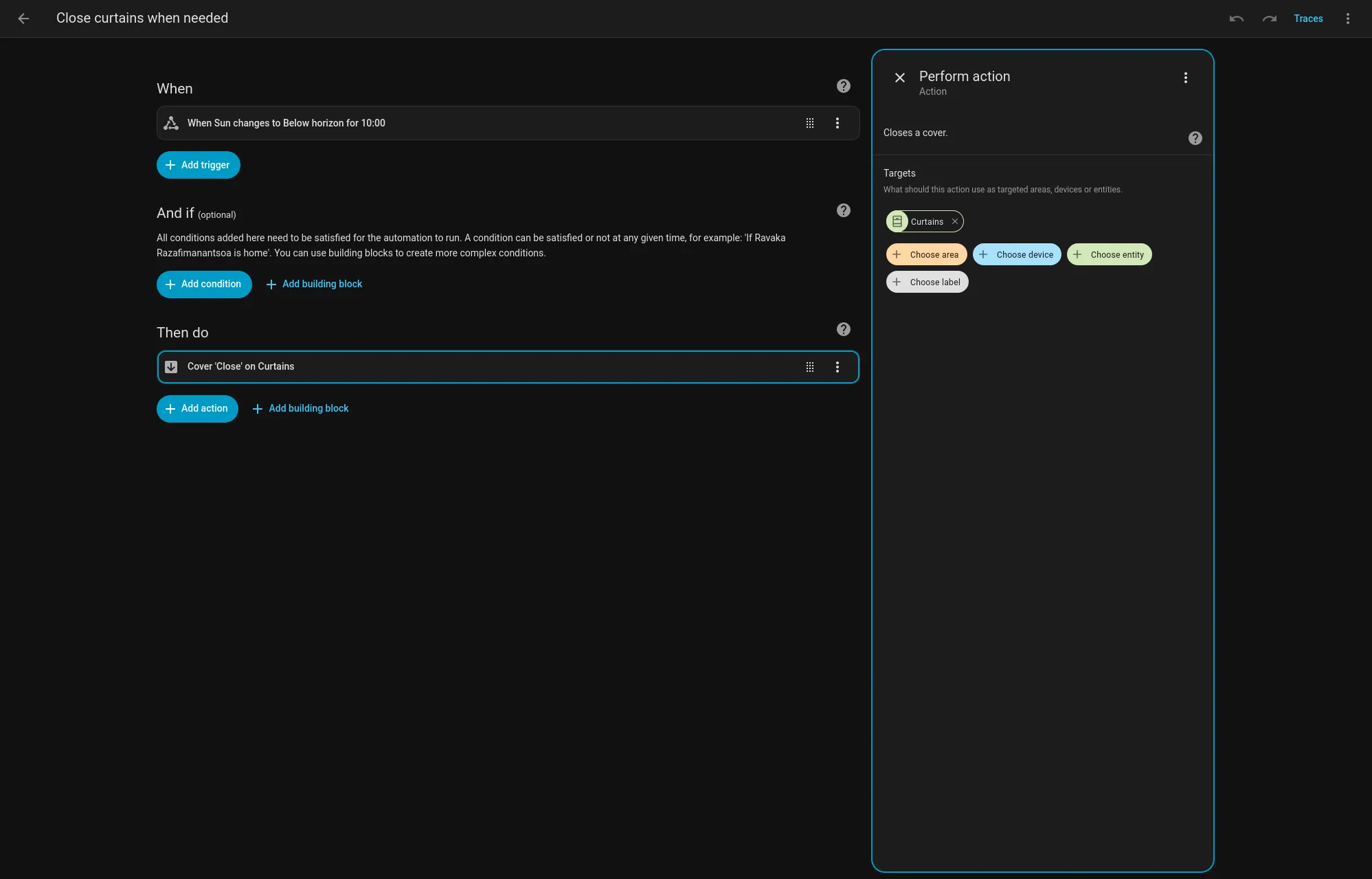 Home Assistant automation action configuration to close curtains using SwitchBot