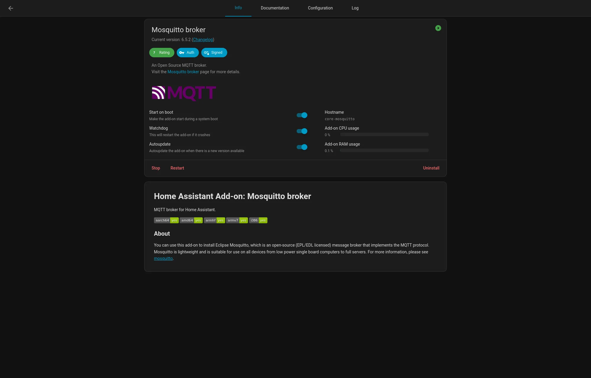 Mosquitto broker add-on configuration page in Home Assistant