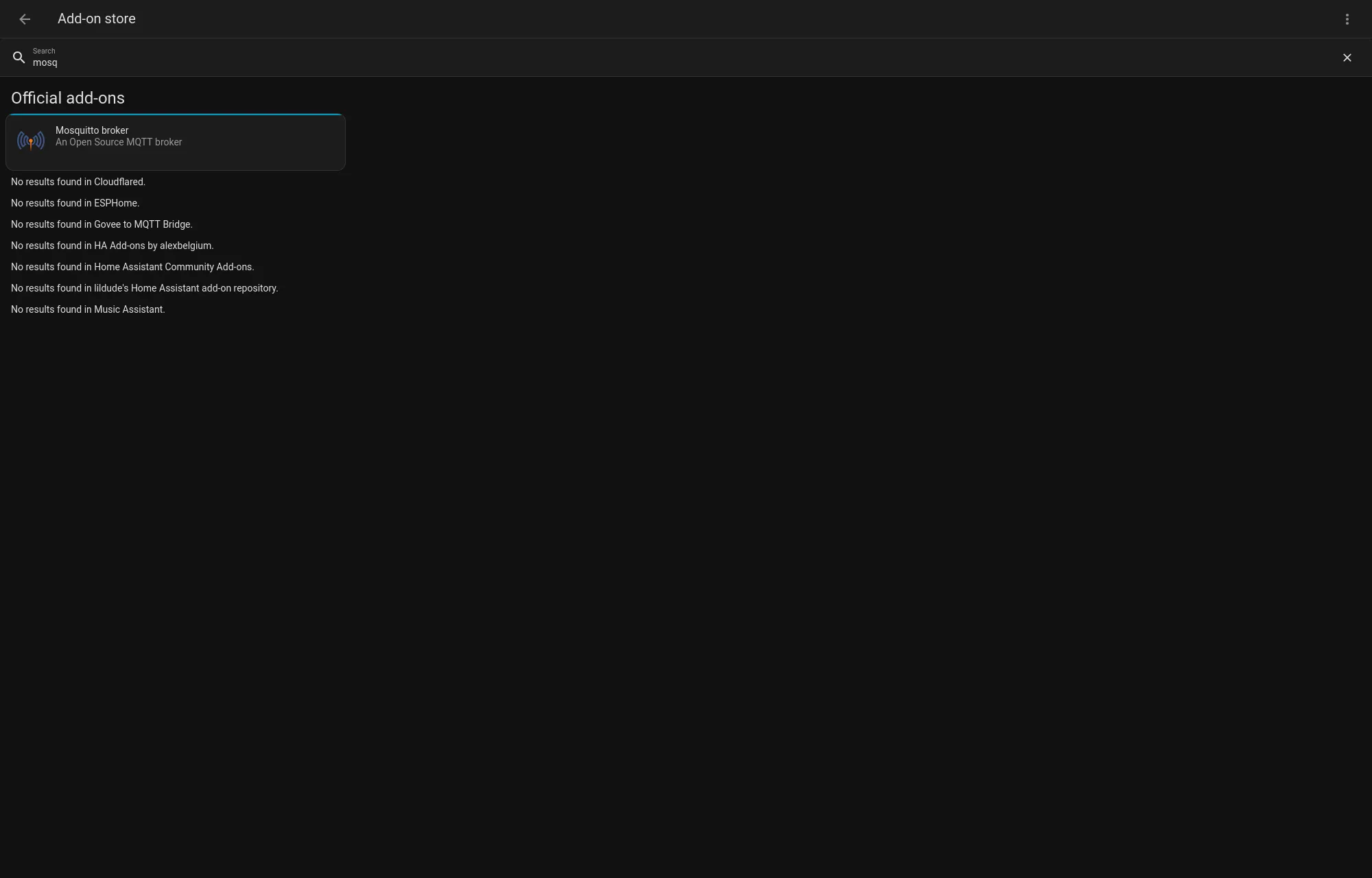 Home Assistant add-on store displaying Mosquitto broker
