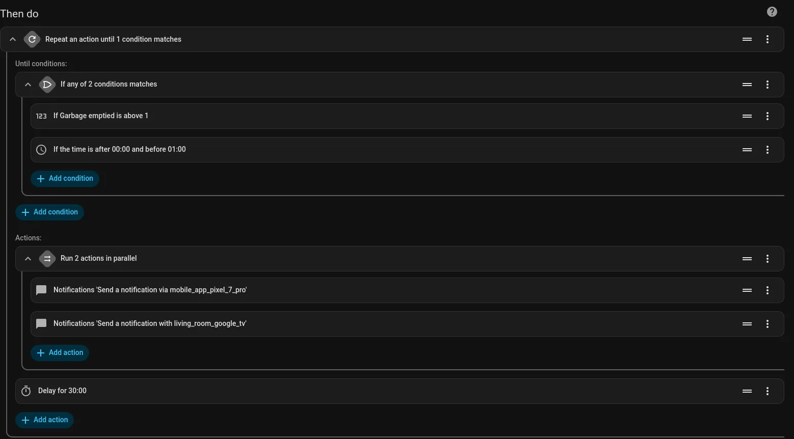 Home Assistant automation configuration screen for garbage calendar reminders