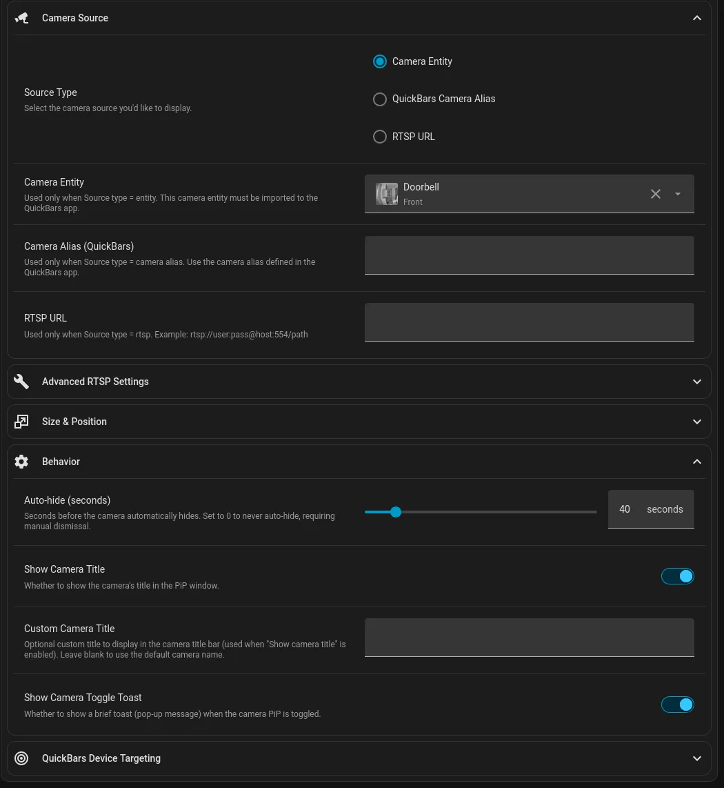 QuickBars camera PiP overlay settings