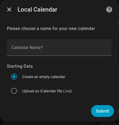 Home Assistant Local Calendar integration setup screen