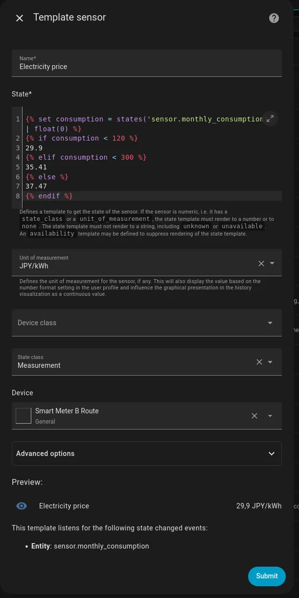 Cost Template Sensor