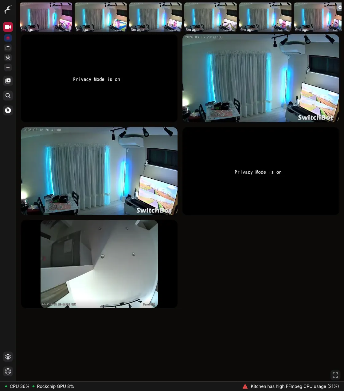 Frigate web interface showing camera feeds and event timeline