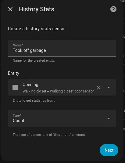 Home Assistant History Stats helper configuration screen