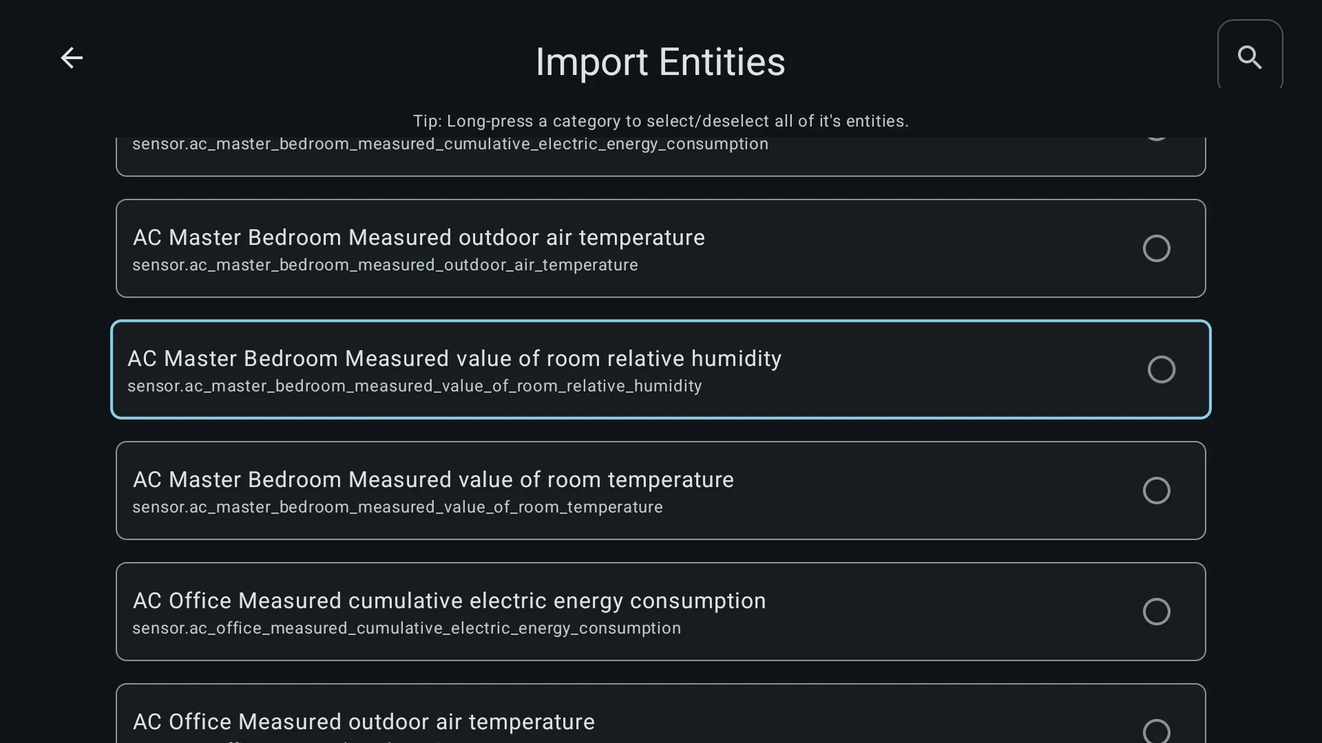 QuickBars import entities settings expanded