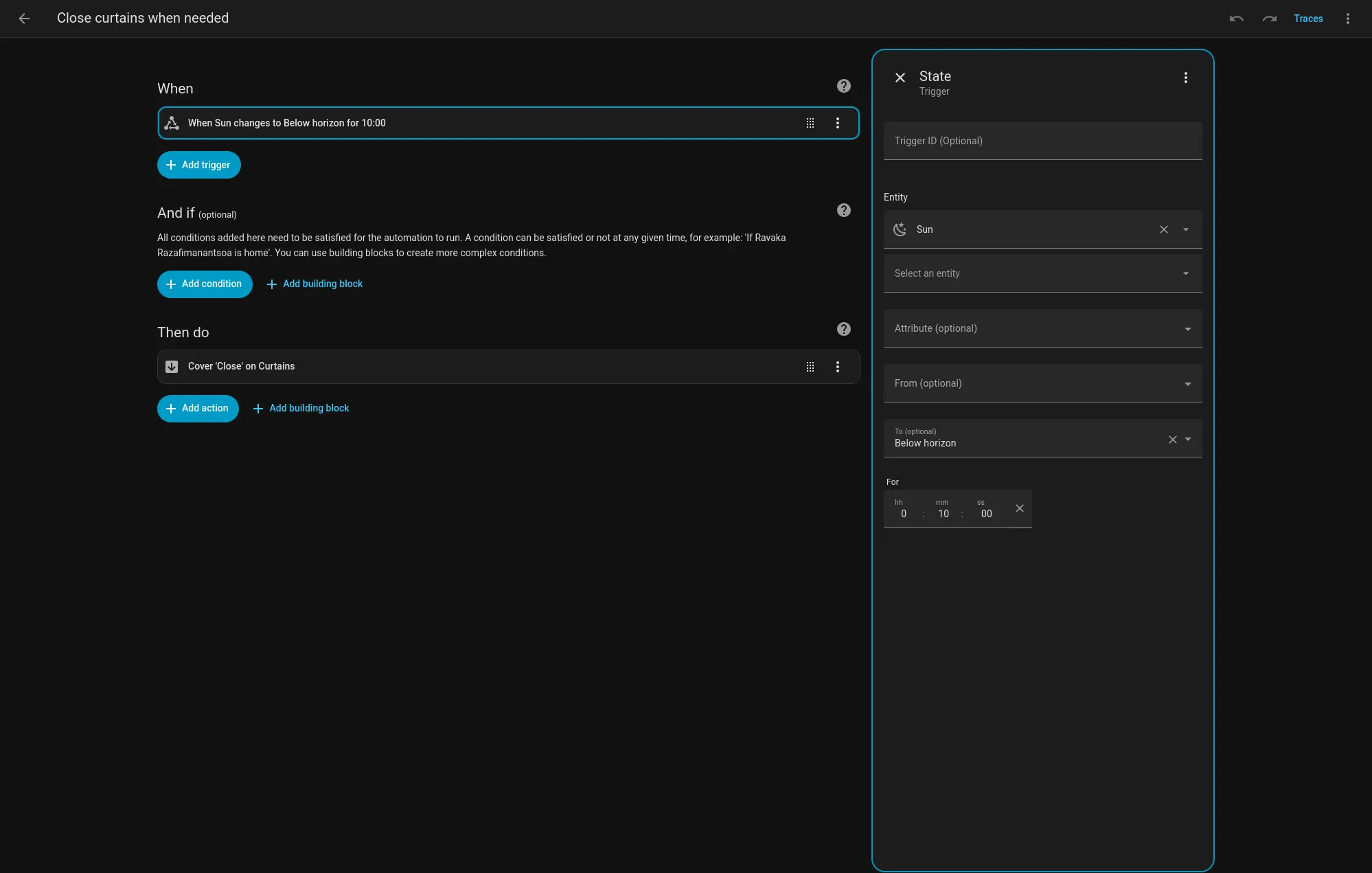 Home Assistant automation trigger configuration showing sun below horizon for 10 minutes