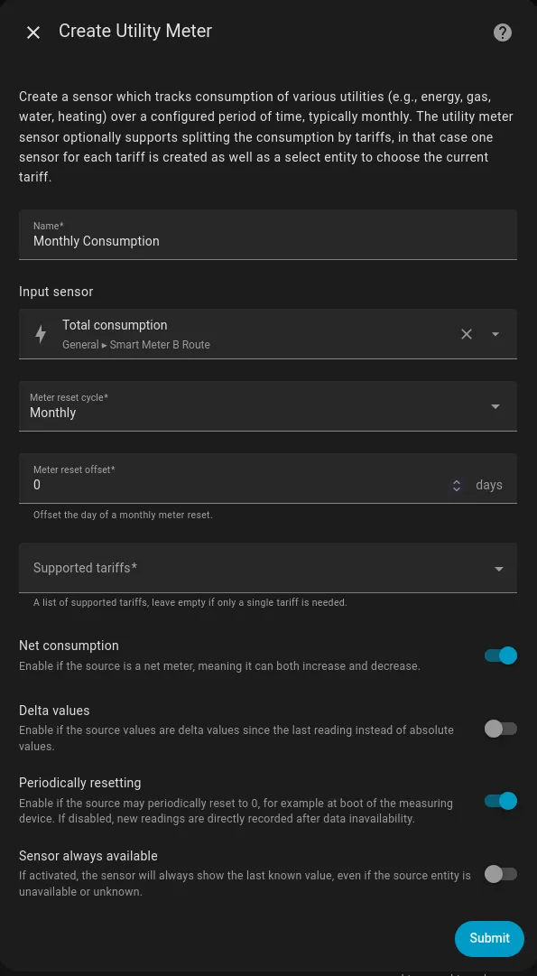 Utility meter helper configuration screen in Home Assistant