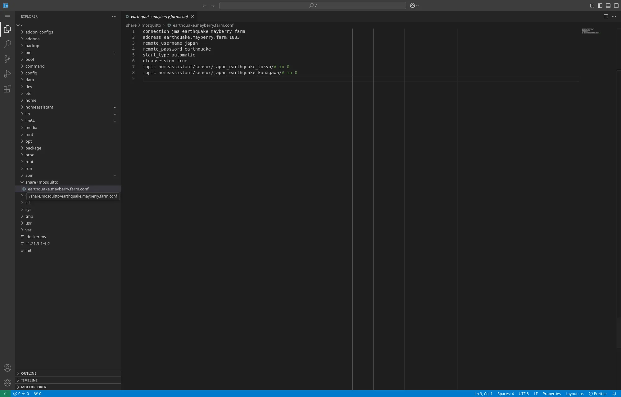 Visual Studio Code editor showing MQTT configuration file for earthquake alerts